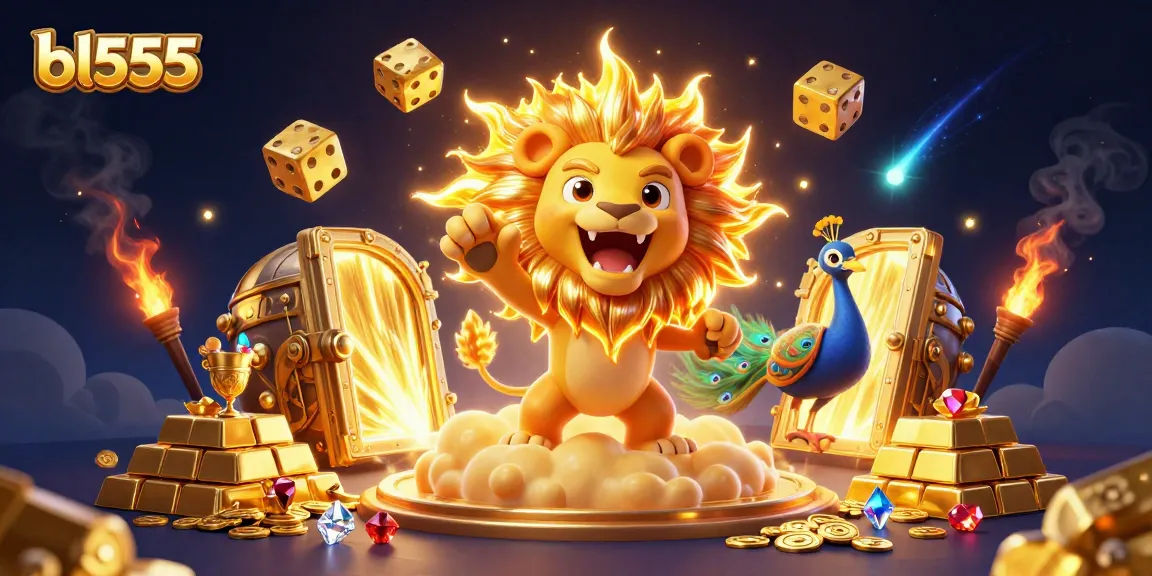 Experience thrilling winnings with bl555 in a vibrant casino-themed 3D scene featuring a lion and golden elements.
