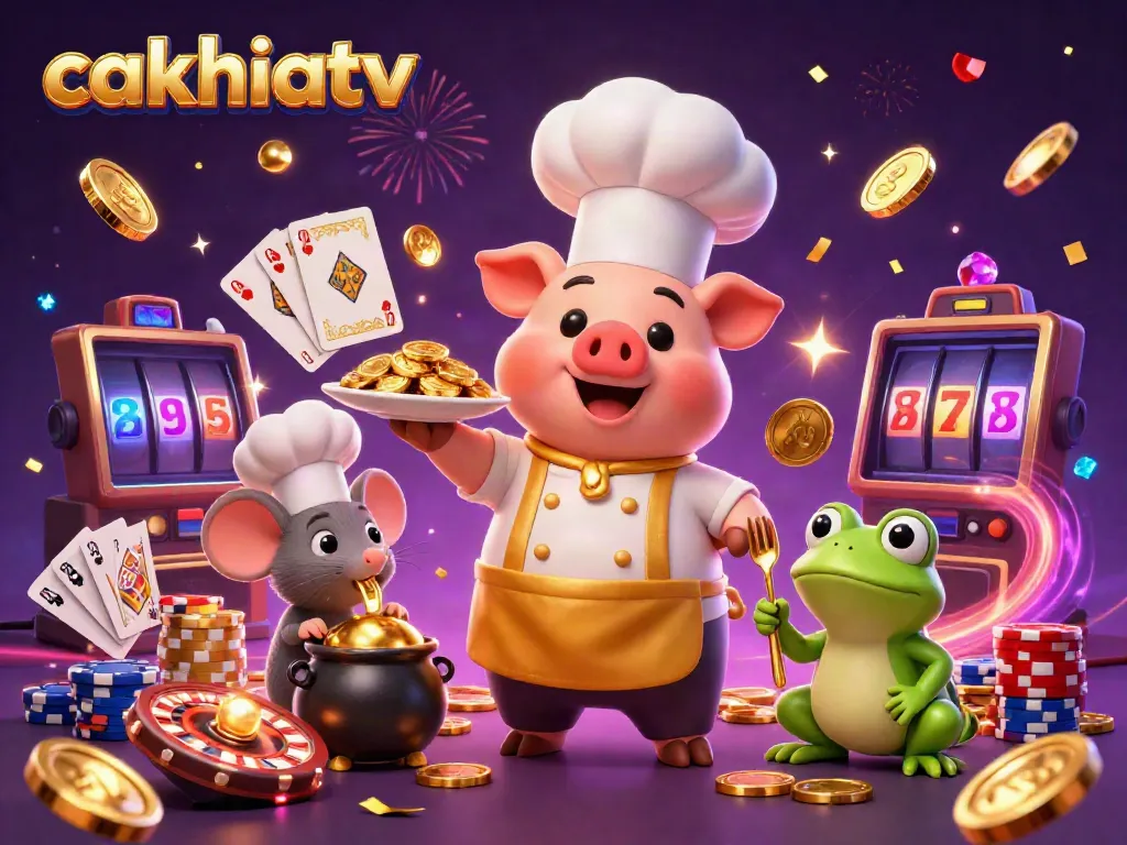 Cakhiatv showcases a vibrant scene of a chef pig serving gold coins with lively game elements in a dynamic casino atmosphere.