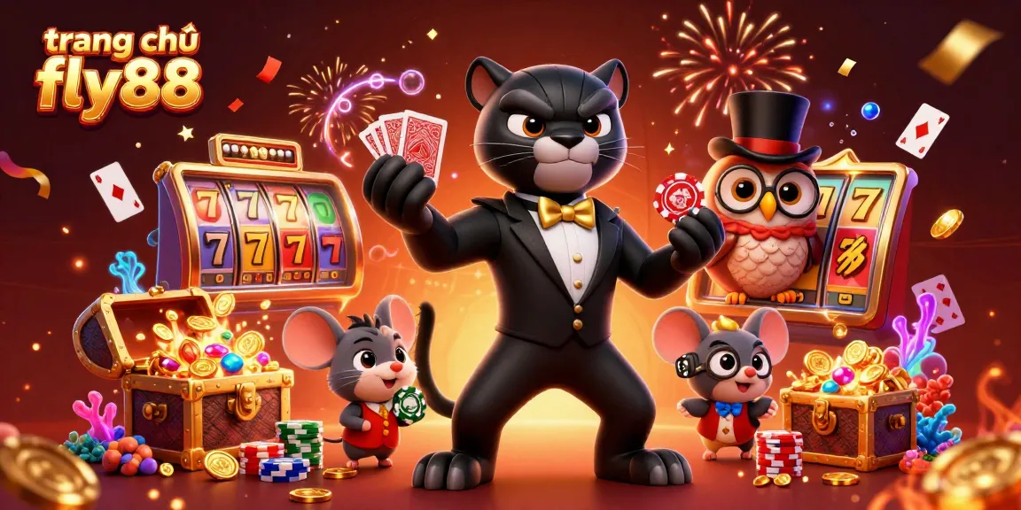 Experience the excitement at trang chủ fly88 with colorful slot reels and engaging casino characters.
